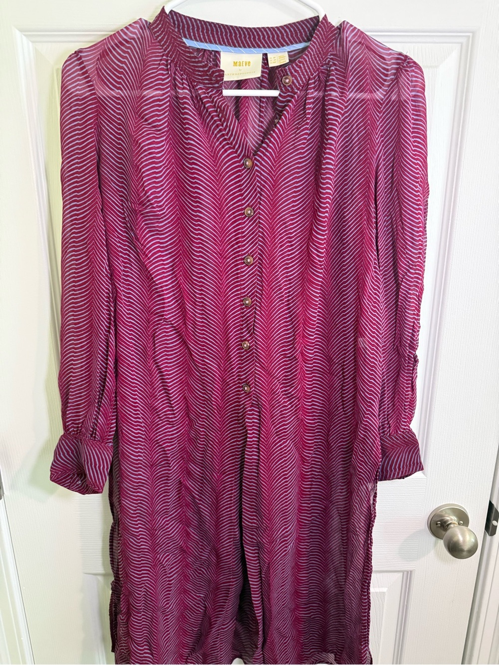Anthropologie Magenta Chevron-Stripe Long-Sleeve Button Dress